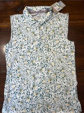 Puma White Sleeveless Polo Top with Teal & Yellow Floral Print Size large 13/14